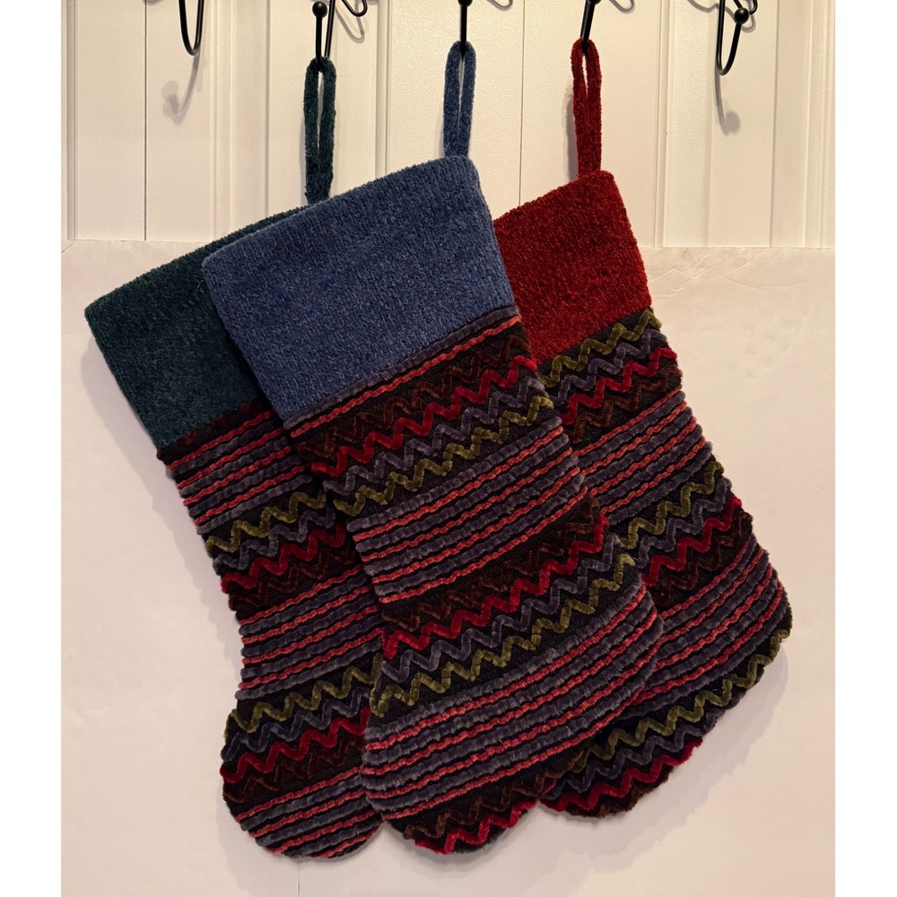 VTG Dan Dee Collectors Choice Set of 3 Chenille Zig Zag Boho Holiday 
Stockings